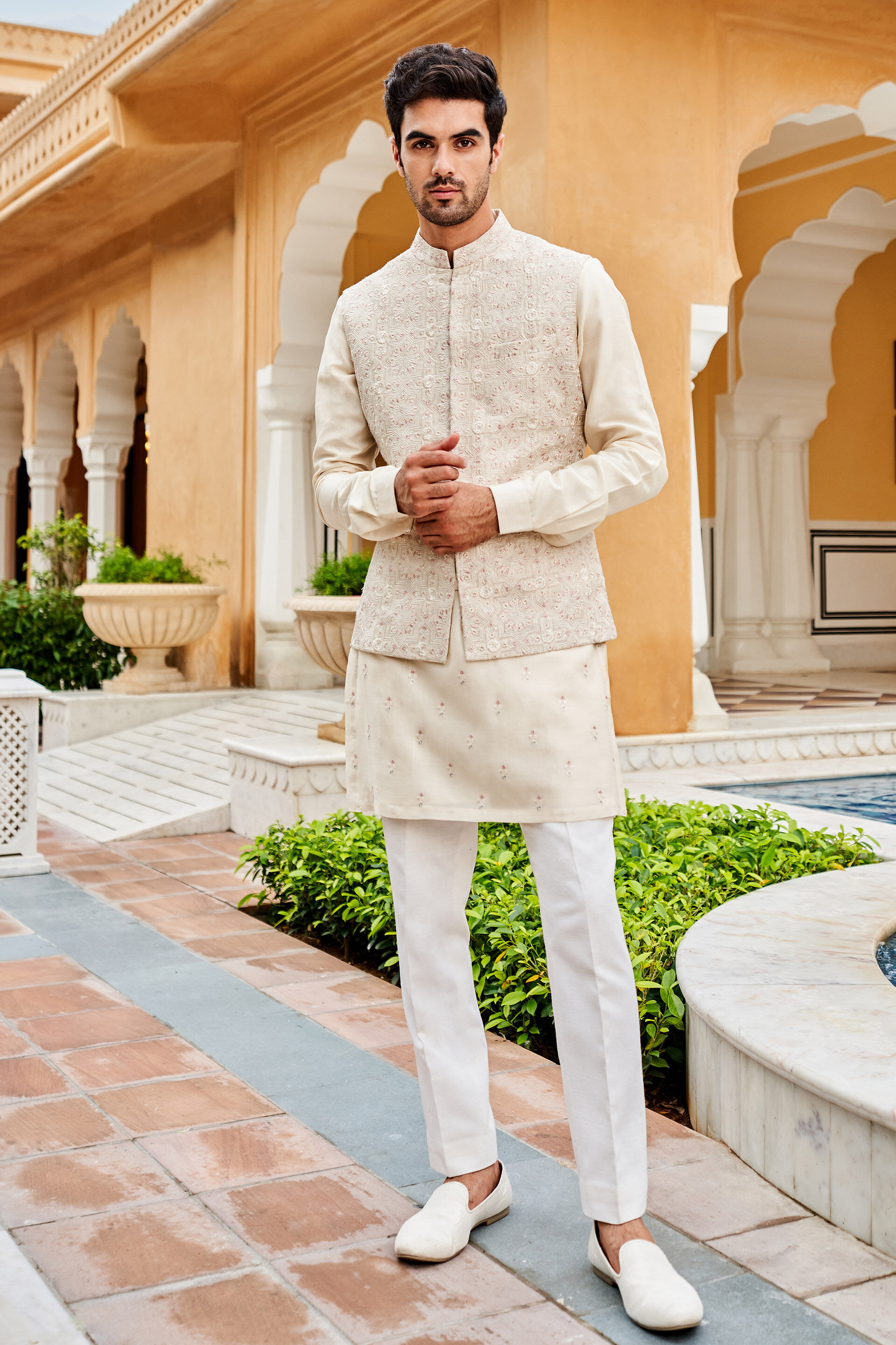 Cream Silk Wedding Wear Nehru Jacket Suit